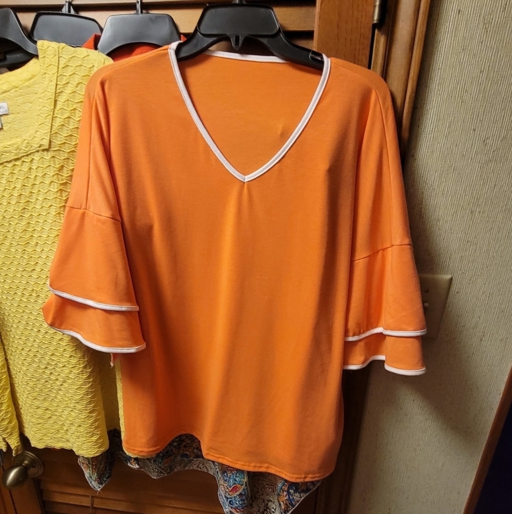 Tangerine Orange Ruffle Sleeve V-Neck Top 2xl